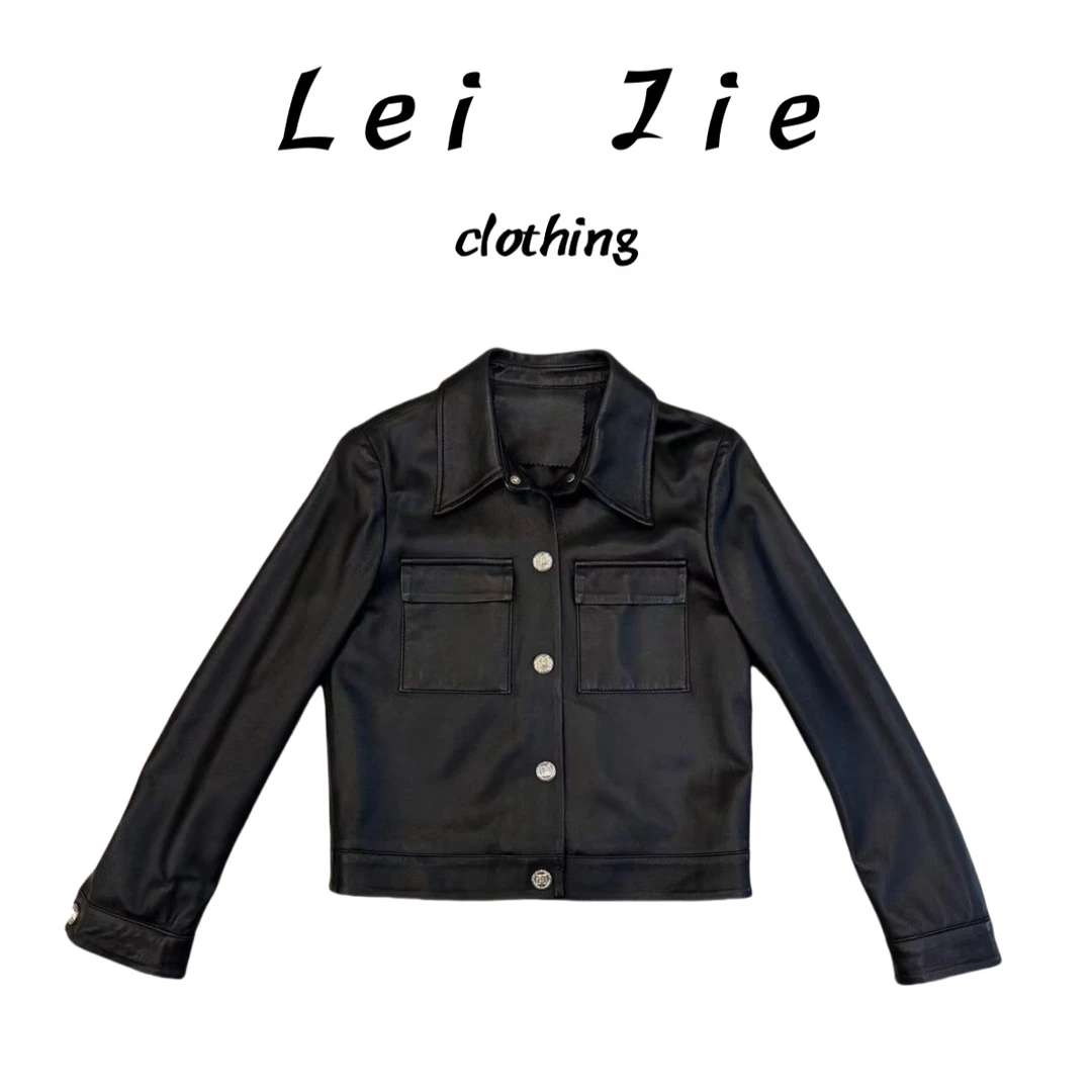 【Lei Jie】时尚百搭翻领银扣皮衣2315