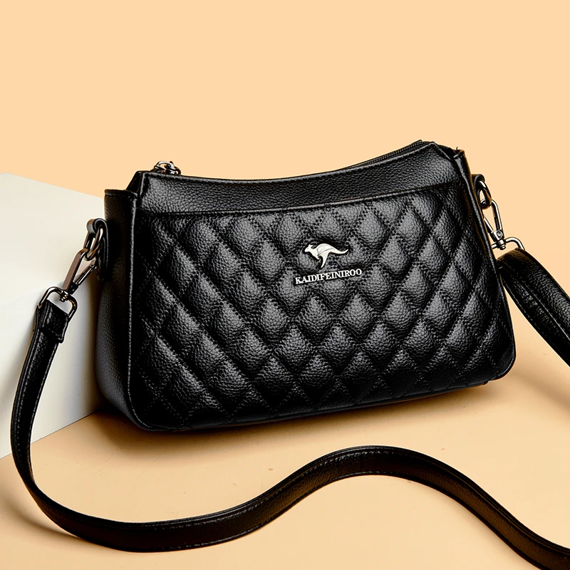 品牌专柜牛皮女包斜挎包真皮中年妈妈包小众格子小方包时尚单肩包