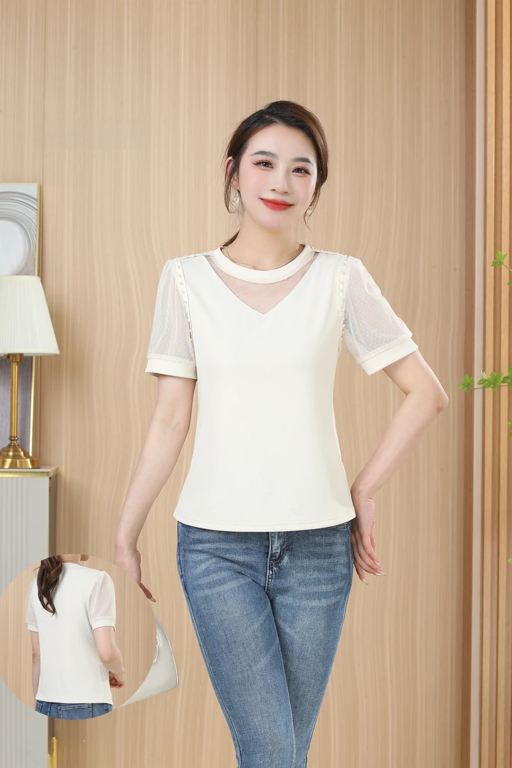 【QX108】夏季新款短袖套头纱网拼接圆领通勤百搭上衣女