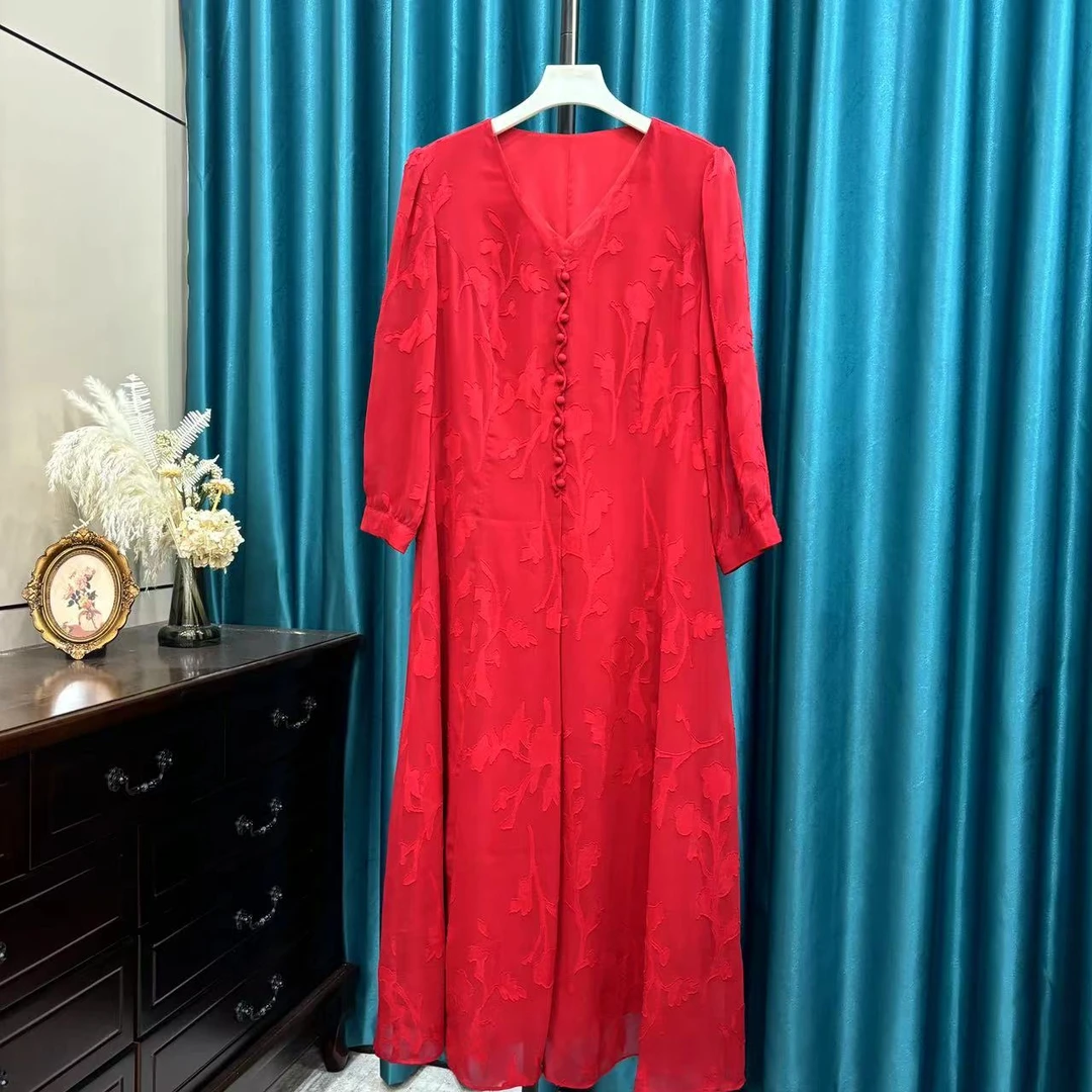 【QM128】夏季气质提花时尚新中式长款蕾丝轻奢优雅女士连衣裙