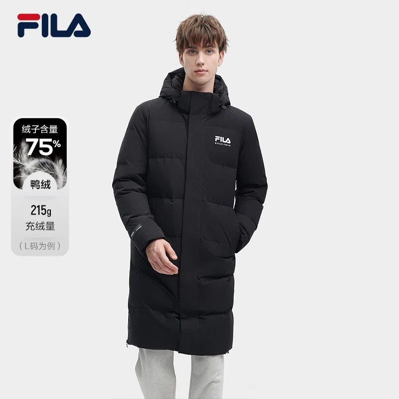 FILA官方中长款2023冬季款简约连帽情侣长款羽绒服 F11M349907F