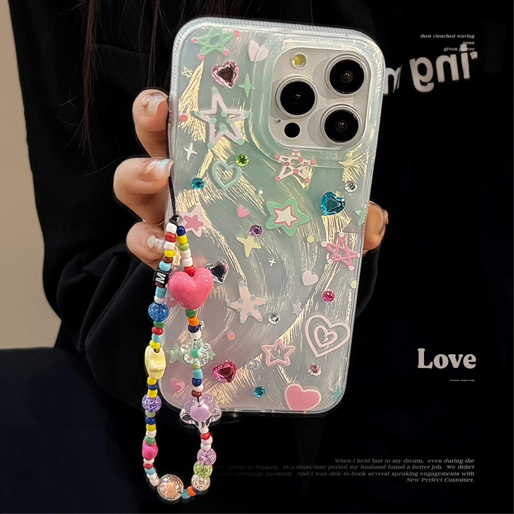 适用iphone15彩色星星手机壳12小众14promax多巴胺链条13防摔11