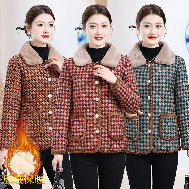 中老年棉衣女2024新款妈妈秋冬装格子棉服外套休闲居家加绒小棉袄