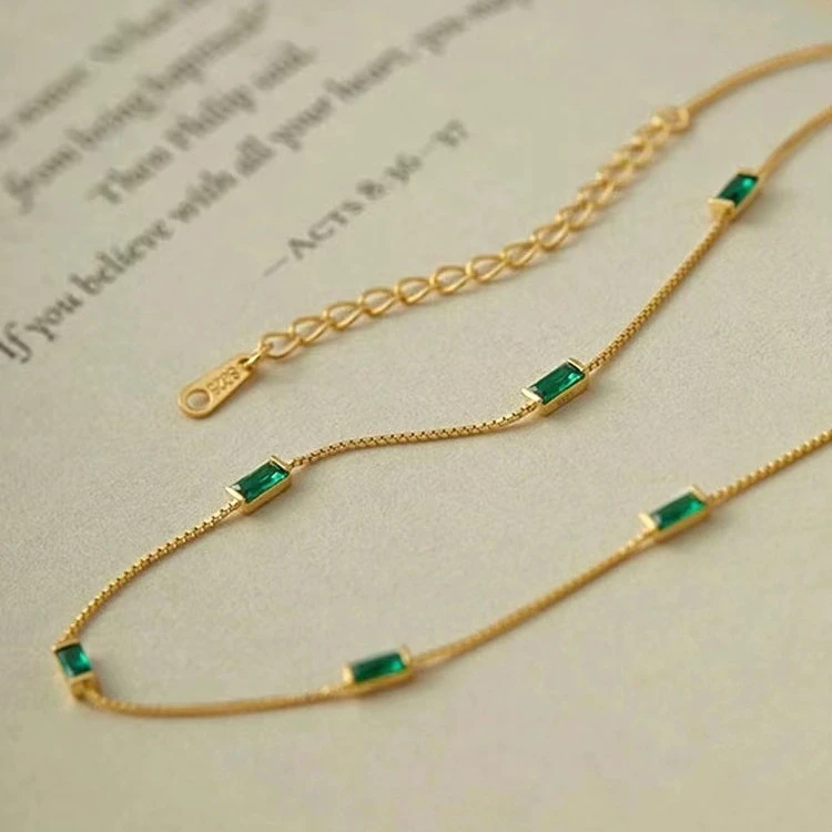 钛钢项链 A-288胖妹妹大码饰品时尚百搭轻奢个性加长七绿方块项链