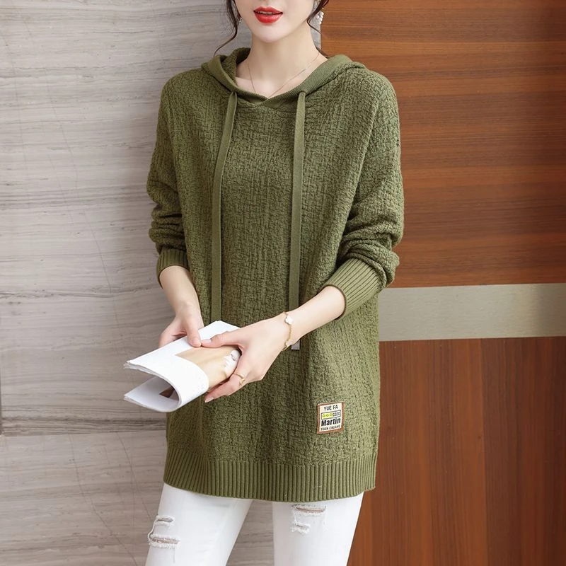 大码女装胖mm秋冬季中长款毛衣女宽松遮肚上衣连帽百搭洋气针织衫