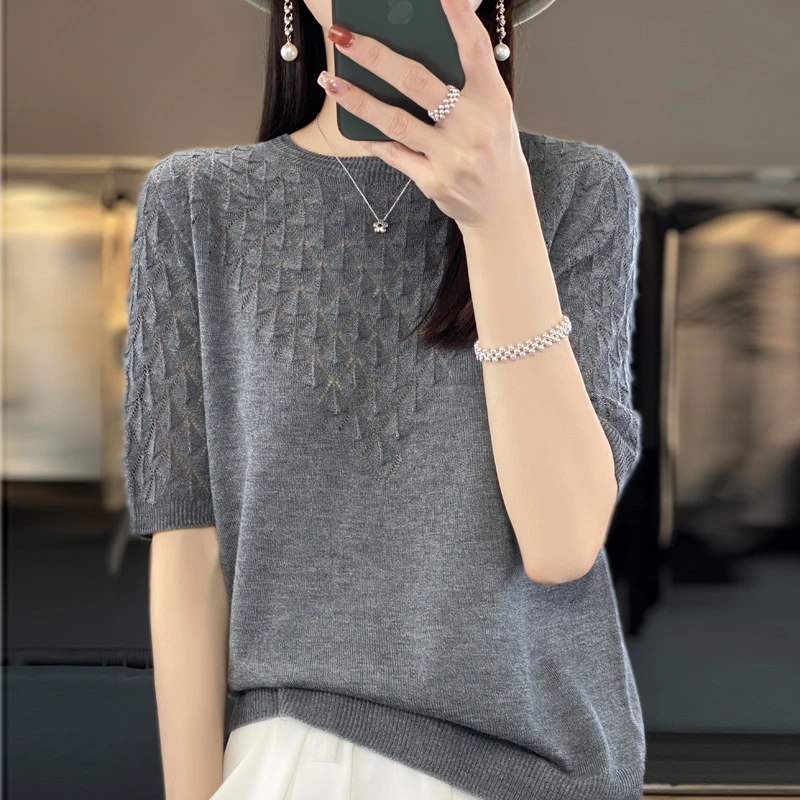 大码女装胖mm夏季冰丝T恤女宽松大码洋气上衣时尚百搭圆领针织衫