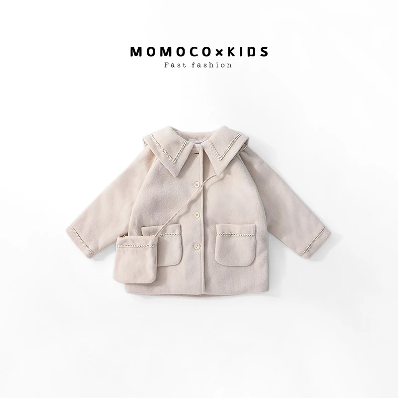 MOMOCO 2023呢大衣女童时尚带小包呢子大衣71830104005