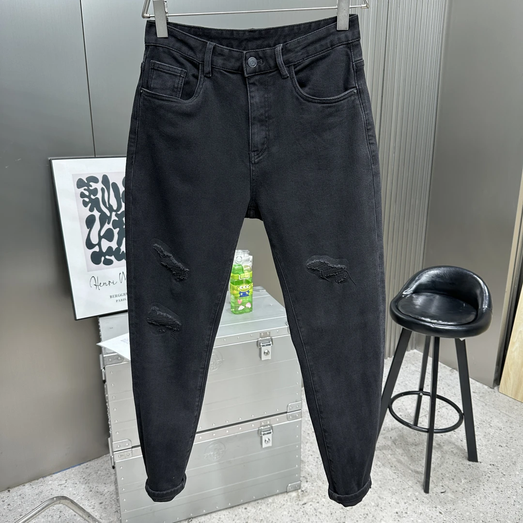 高端弹力修身牛仔裤男秋冬2024新款爆款微锥假破洞男士秋款男裤
