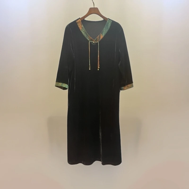 633丝绒气质拼色连衣裙宽松连衣裙女装连衣裙时尚女士夏季黑色