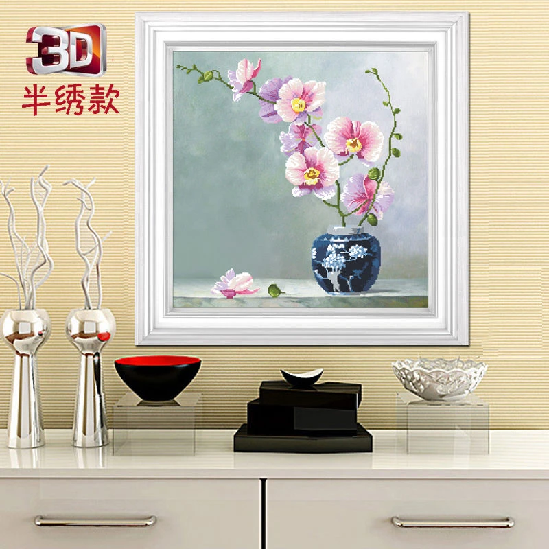 3D半绣十字绣2025新款线绣简单小幅小件手工卧室自己绣花卉蝴蝶兰