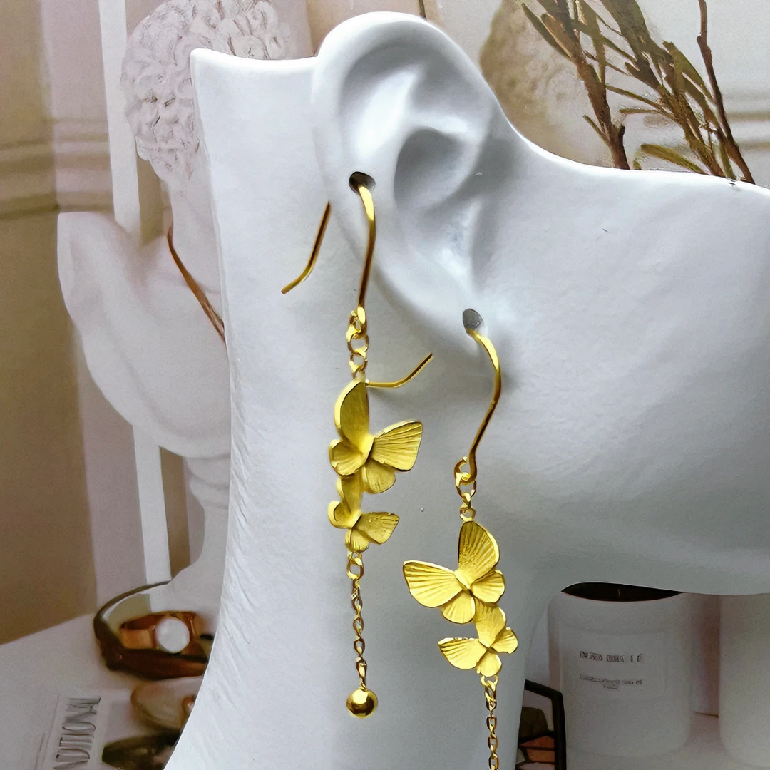 [抖音质检 现货]精品黄金耳饰蝴蝶结磨砂流苏在逃公主耳饰足金999