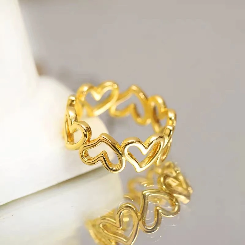 [抖音质检 现货]5D黄金戒指爱心 心连心戒指足金999空心镂空