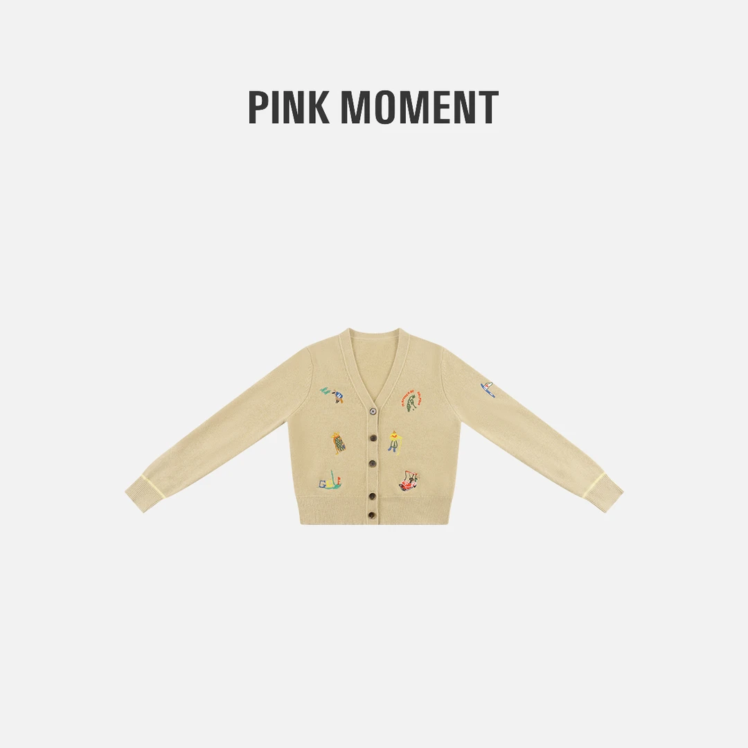 PM王囡囡 “可爱俱乐部” 卡其色v领可爱图案针织衫 NC1D0663