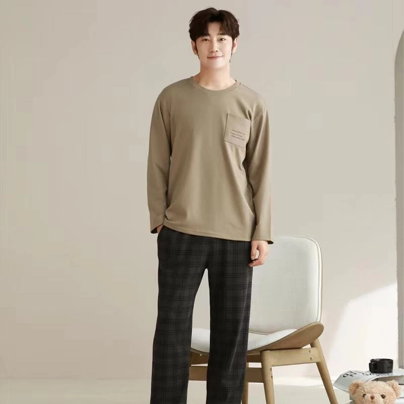 男款秋季圆领休闲简约长袖长裤纯色印花男女家居服套装