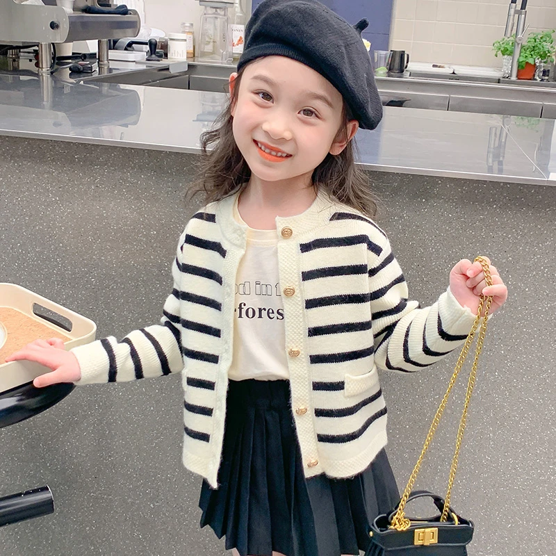 1女童针织开衫加绒春秋季新款儿童洋气毛衣外套宝宝条纹秋款K2321