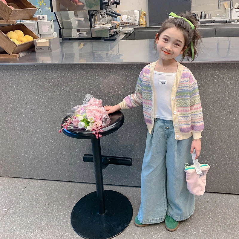 女童针织衫开衫长袖外套加绒春秋百搭儿童费尔岛毛衣直播K2519