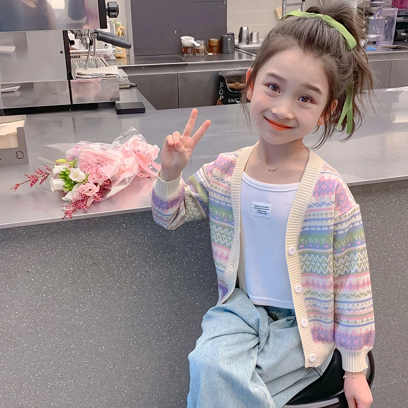 1女童针织衫开衫长袖外套加绒春秋百搭儿童洋气费尔岛毛衣K2519