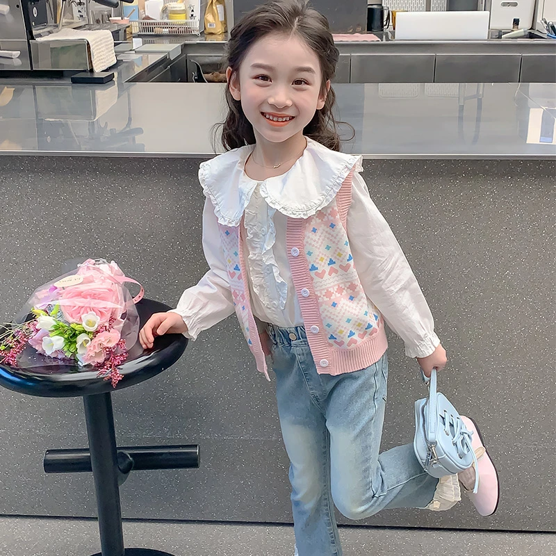 女童毛衣背心春秋韩版儿童卡通针织马甲加绒费尔岛毛衣直播B2503