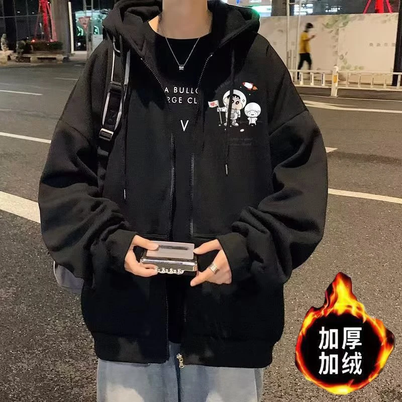 地潮男美式复古动漫蜡笔小新印花oversize连帽开衫长袖卫衣秋冬