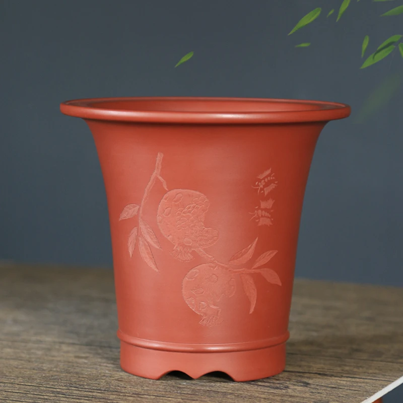 宜兴紫砂花盆春兰盆精品手工大红袍刻绘兰花盆桌面陶瓷盆景盆绿植