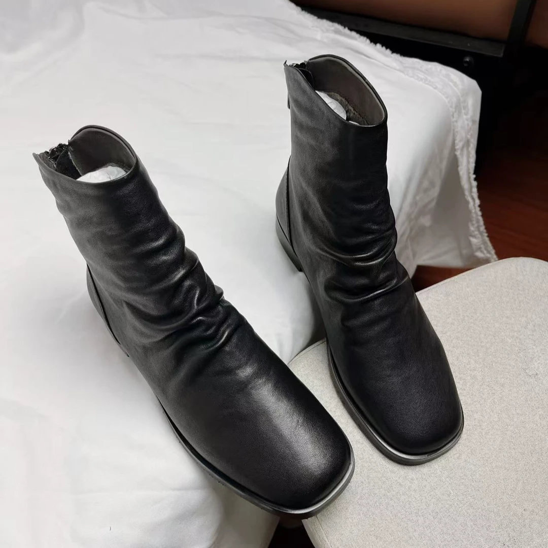 真皮后拉链平底短靴百搭靴子瘦瘦靴3668-13