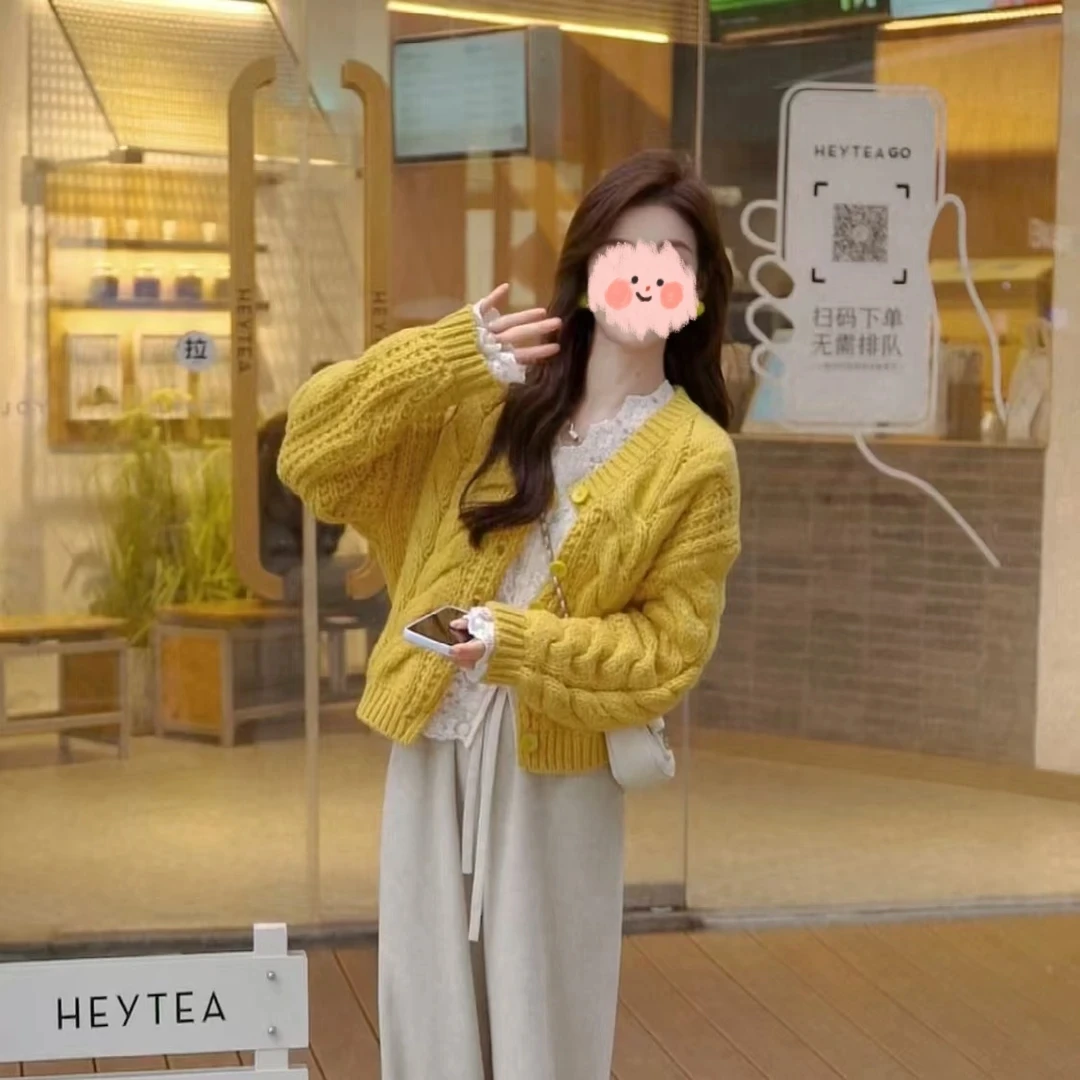 2024秋冬新款休闲宽松慵懒风显瘦针织毛衣开衫蕾丝打底衫裤子套装