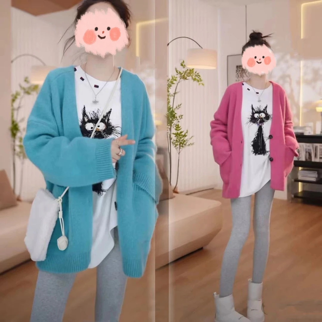 秋冬慵懒风针织开衫减龄中长款毛衣外套长袖打底T恤牛仔裤三件套