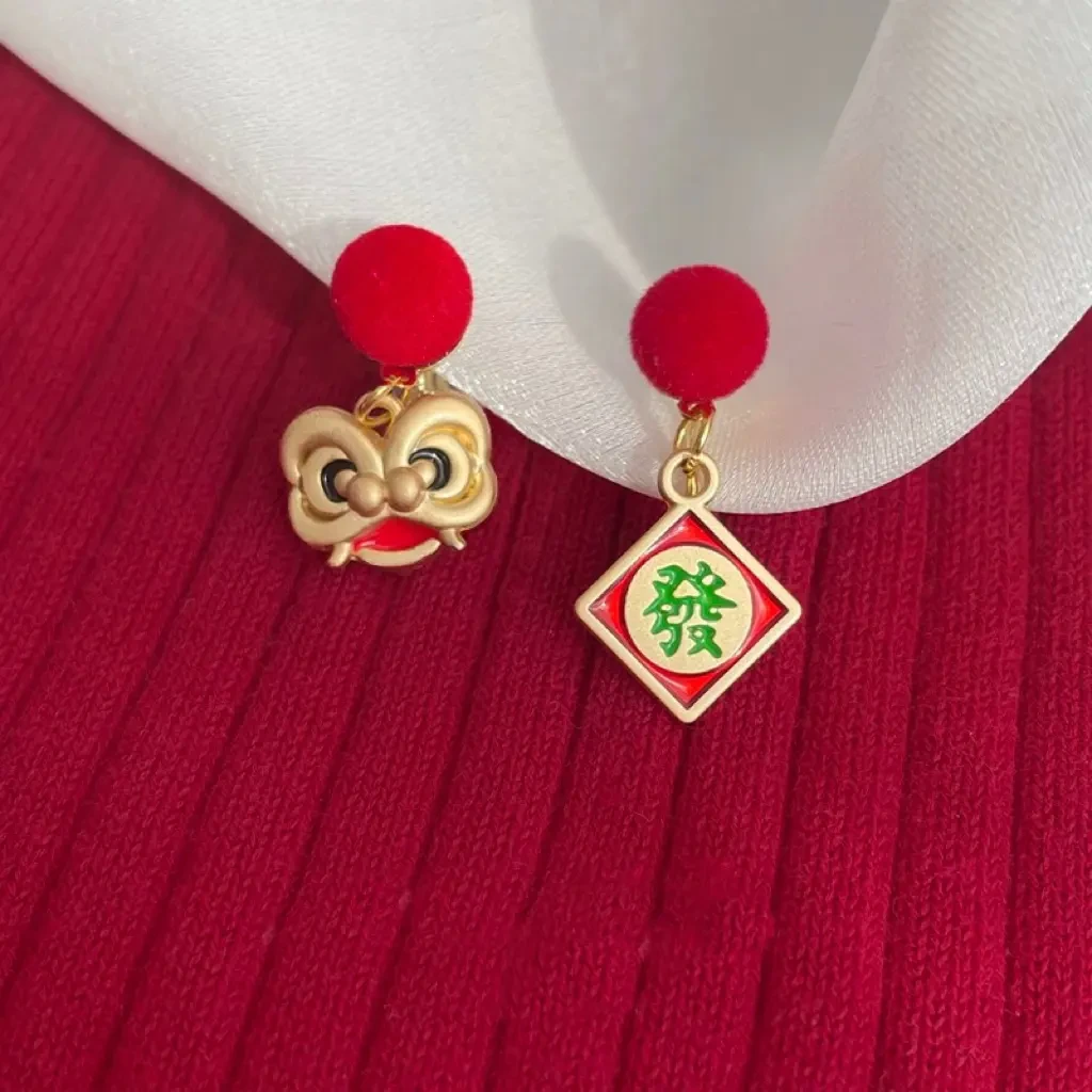 铜合金耳饰 国风年兽红色新年春节耳环耳饰狮子无耳洞耳夹