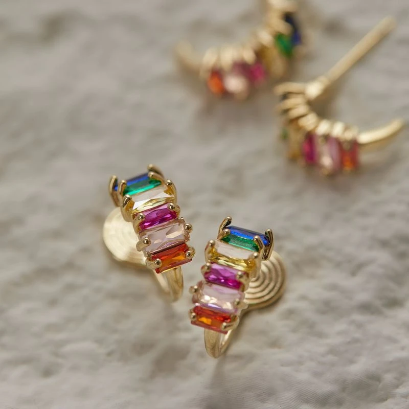 铜合金合成锆石耳饰 【彩虹桥】彩色蚊香盘耳夹无耳洞女耳圈耳环i