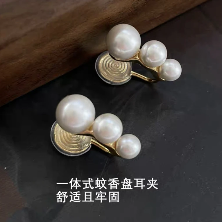 铜合金耳饰 向日施家珠珠优雅时尚蚊香盘耳夹无耳洞女高级感