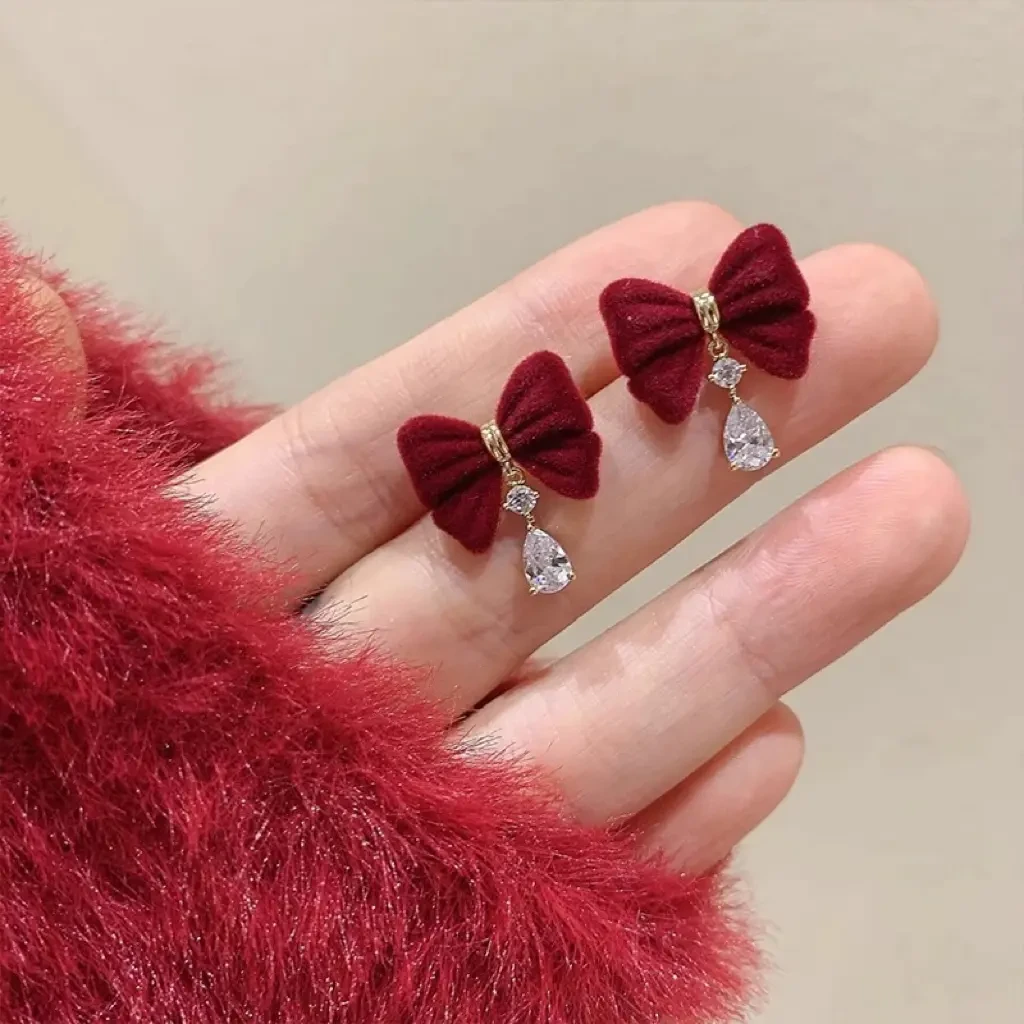 铜合金耳饰 「冬日蝴蝶宴」酒红色蝴蝶结轻奢高级感气质显白耳饰