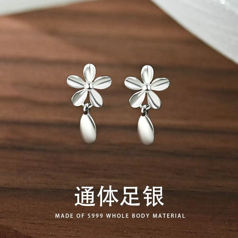 足银耳饰 小众精致花卉纯银S999耳钉通勤时尚花朵百搭耳气质简约