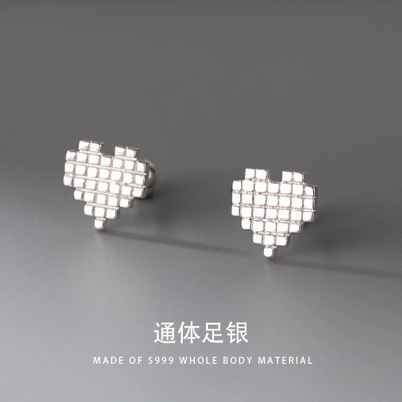 足银耳饰 s999纯银耳钉女抗心形耳钉足银螺旋拧扣耳骨钉简约精致