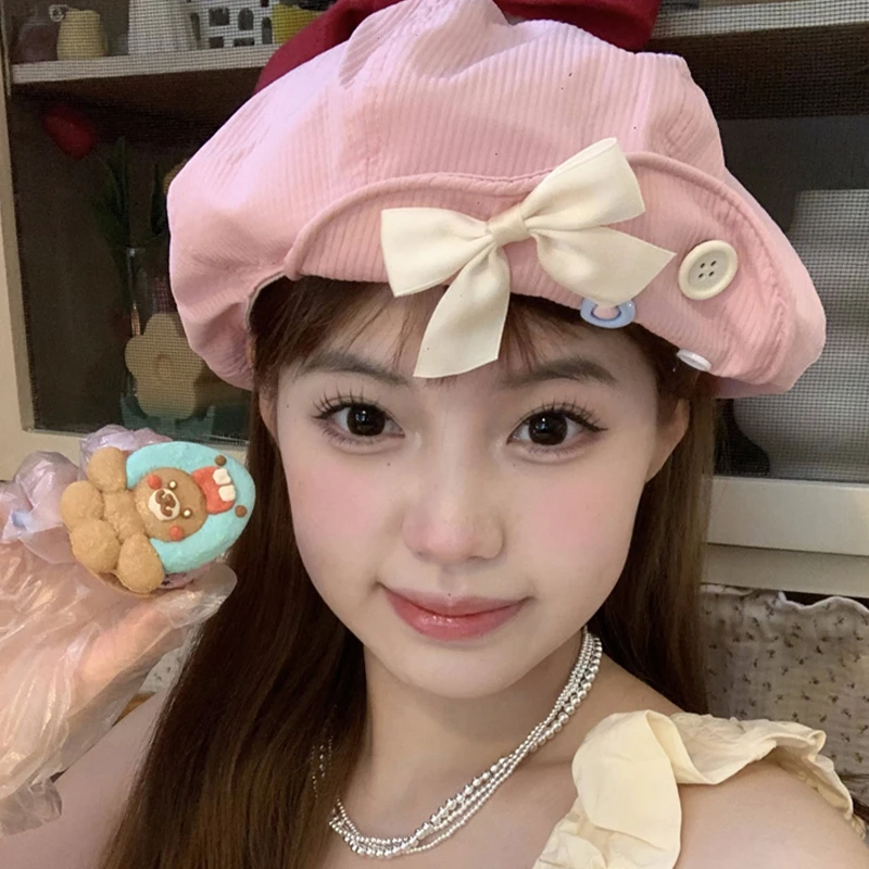 日系甜美蝴蝶结纽扣云朵贝雷帽女夏季薄款百搭显脸小八角画家帽子