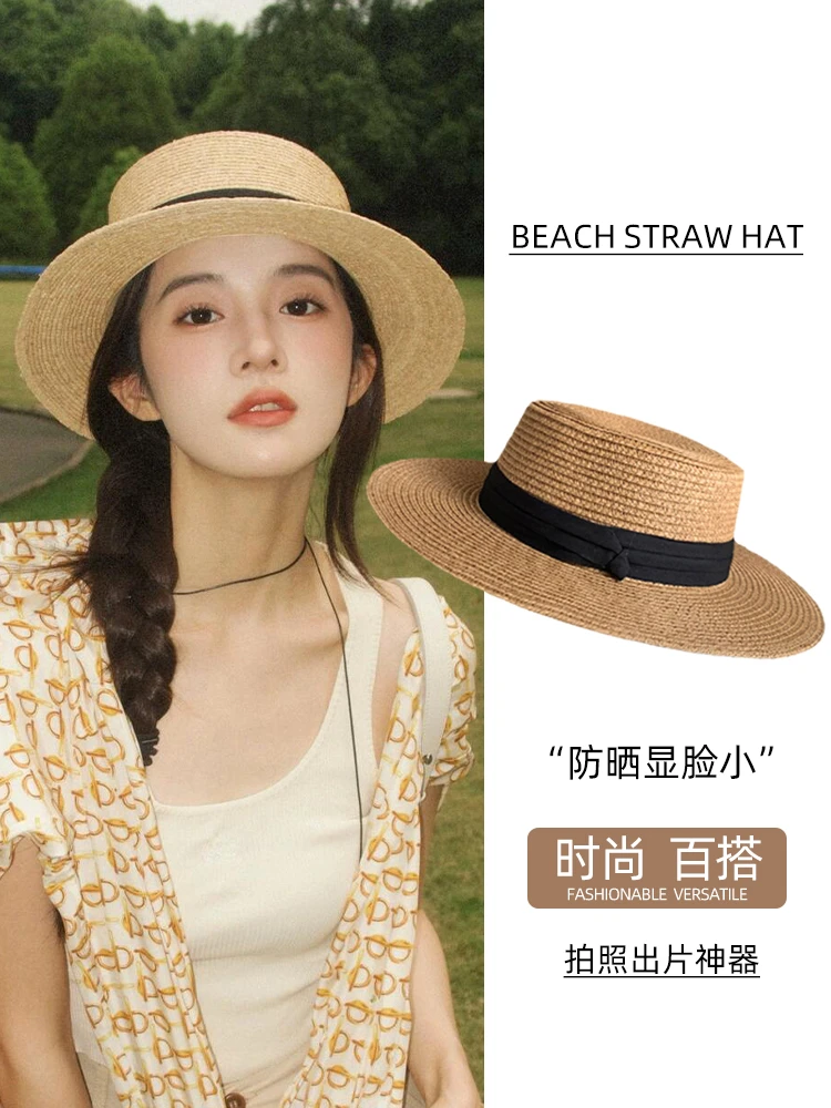2024新款夏季遮阳法式平顶草帽女大头围海边沙滩礼帽防晒编织帽子