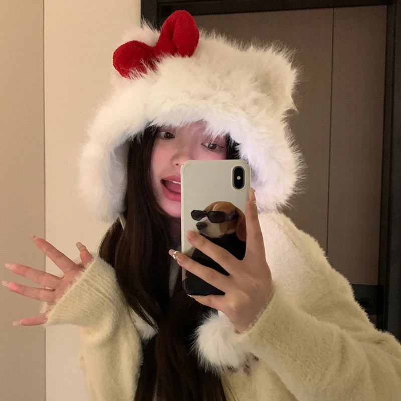 可爱蝴蝶结毛绒帽女2023新款冬季韩版保暖护耳冷帽显脸小包头帽