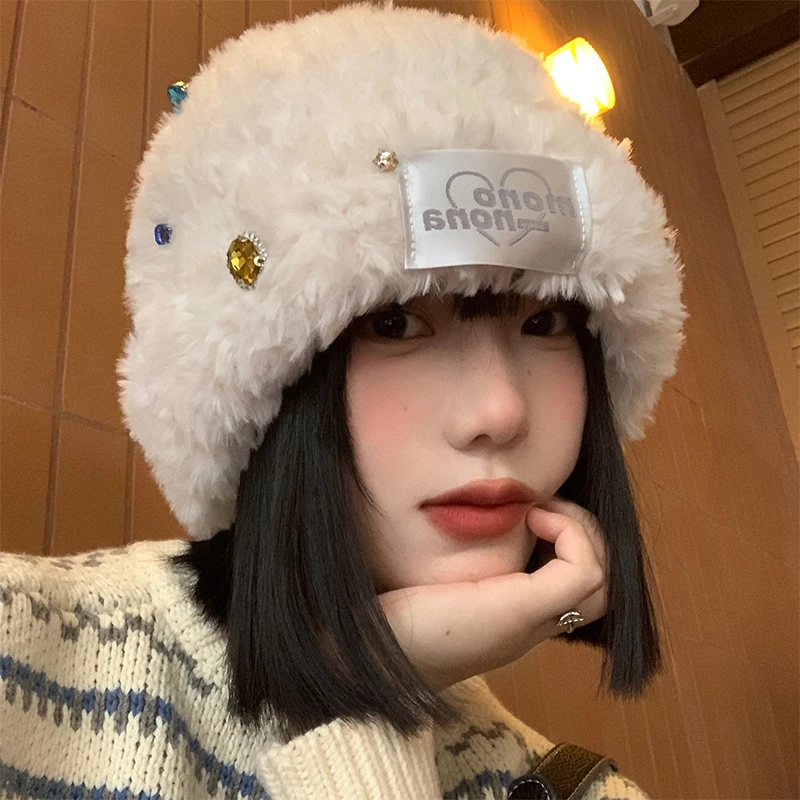 多巴胺彩钻毛绒帽子女冬季加厚保暖冷帽韩系ins白色针织毛线帽子