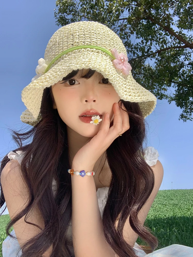 法式镂空花朵草帽女夏新款海边度假沙滩帽遮阳防晒大帽檐草编帽子