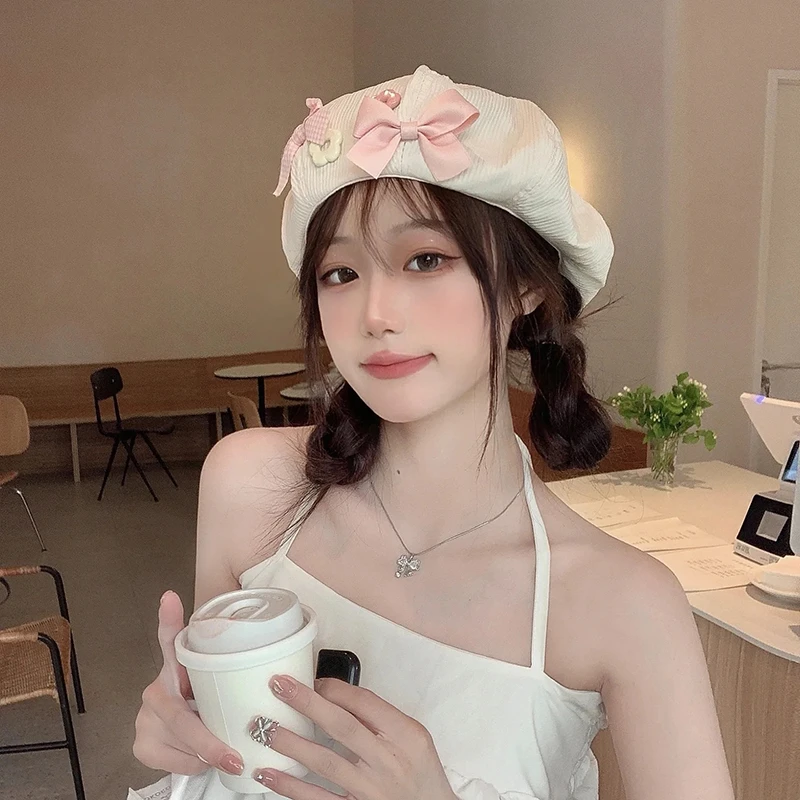 甜美可爱云朵感贝雷帽女蝴蝶结大版画家帽显脸小大头百搭蓓蕾帽潮