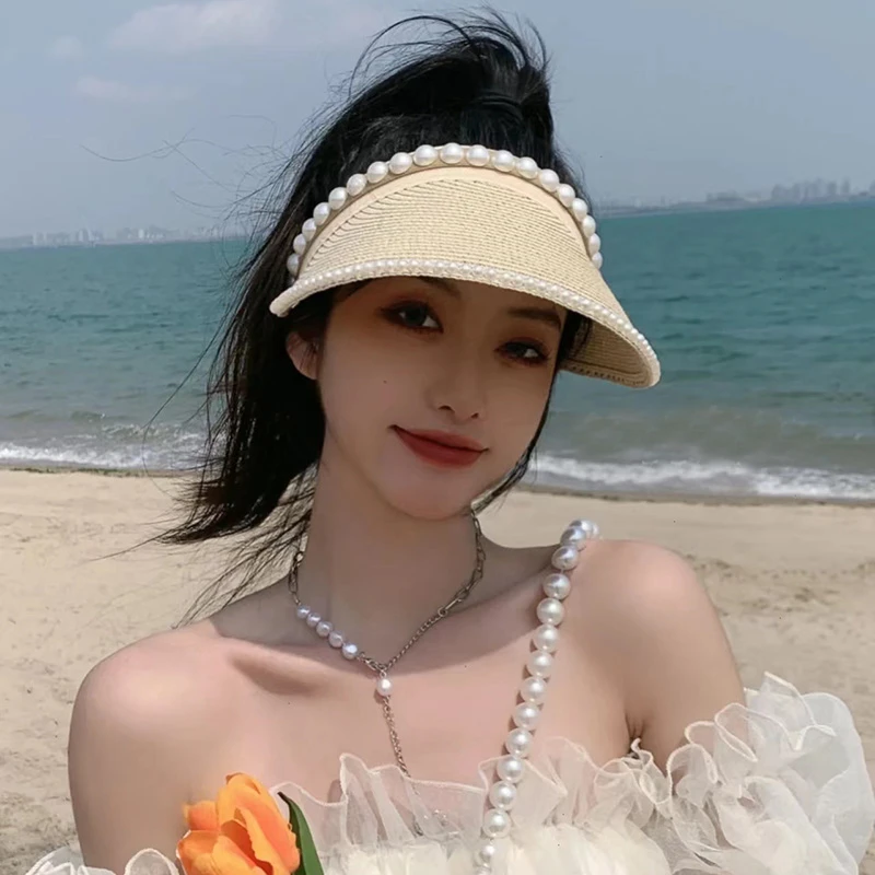 网红空顶帽子女遮阳帽夏季百搭防晒遮脸韩版潮无顶珍珠草帽太阳帽