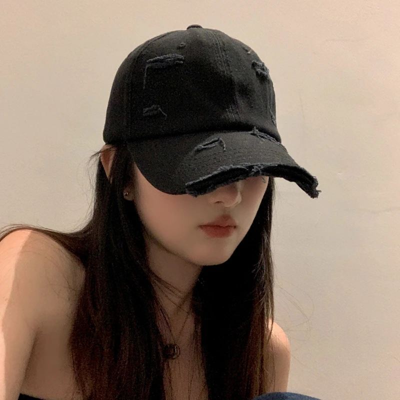 棒球帽女新款春夏季嘻哈百搭软顶弯檐复古个性做旧破洞鸭舌帽男