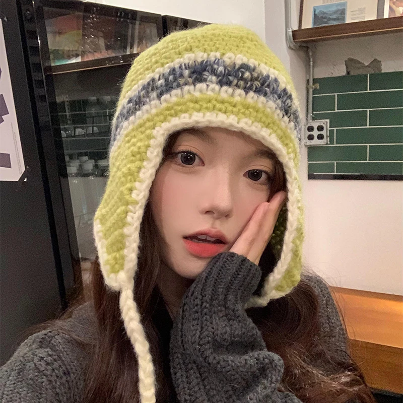 日系ins拼色针织护耳帽女冬季保暖加厚显脸小毛线帽百搭雷锋帽子