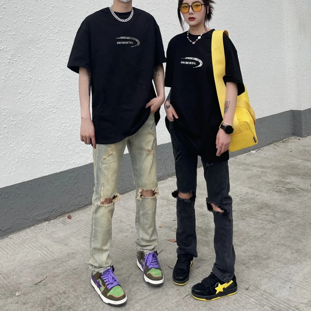 黄泥水洗夏季膝盖破洞牛仔裤男女高街美式vibe风直筒修身黑色长裤