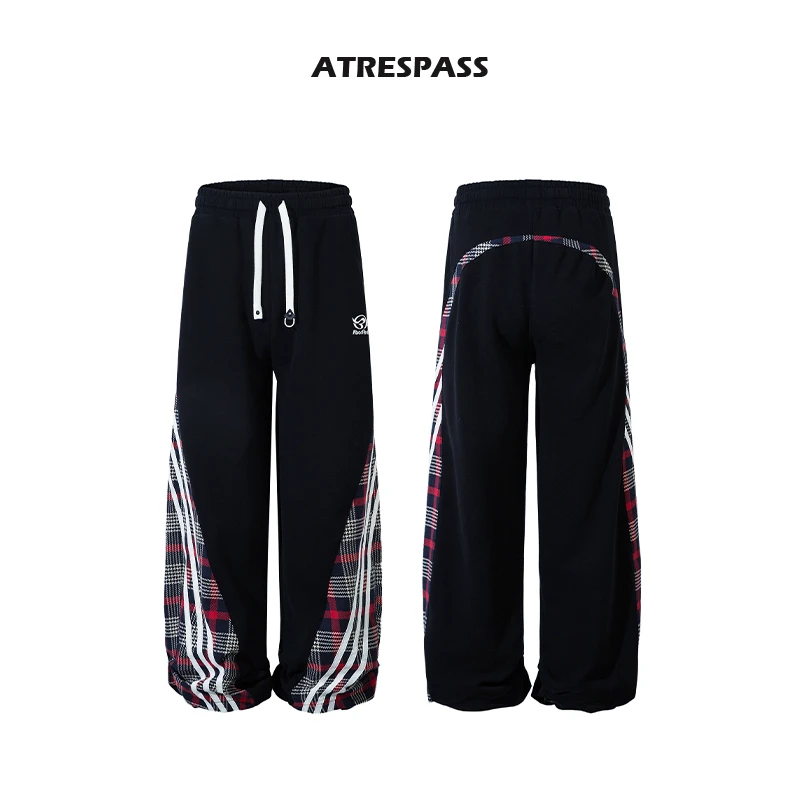 ATRESPASS 美式复古格子拼接条纹卫裤男女百搭休闲阔腿弯刀裤子