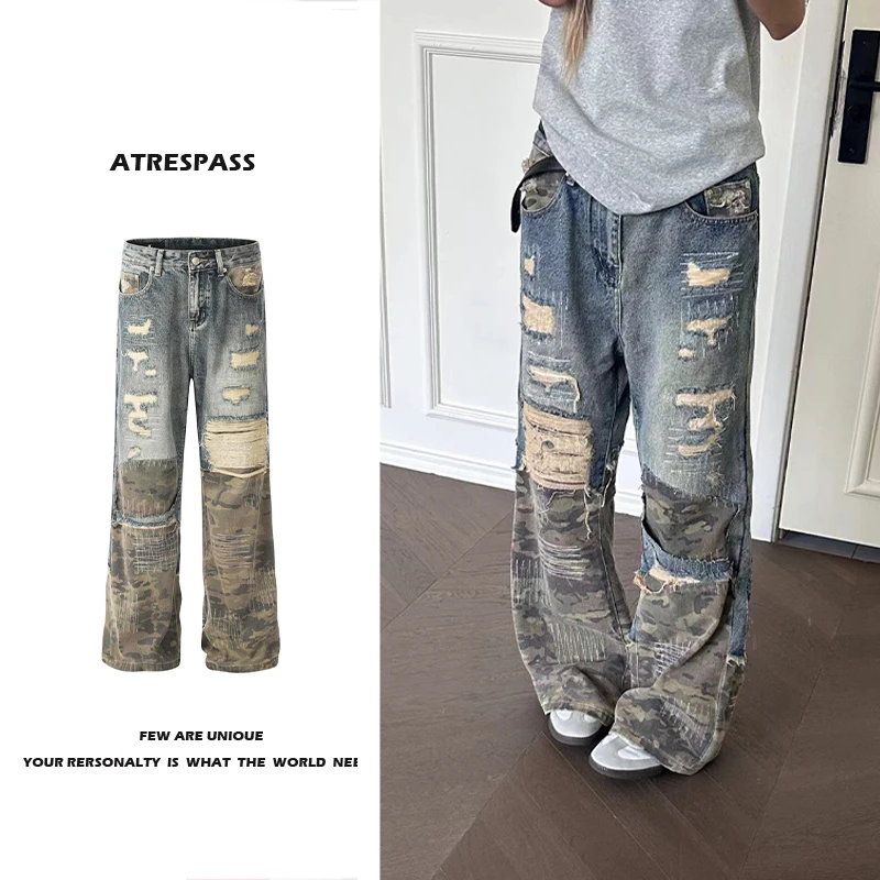 ATRESPASS 重工拼接迷彩牛仔裤男女秋季街头设计感刺绣直筒长裤