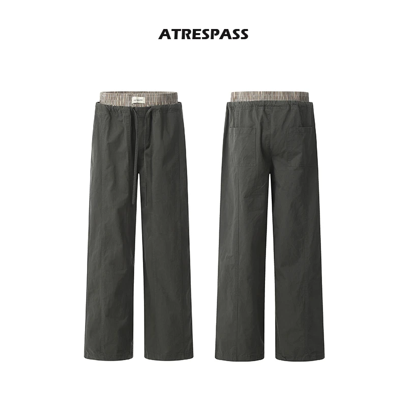 ATRESPASS 美式复古双腰头格子拼接阔腿裤百搭休闲宽松假两件裤子