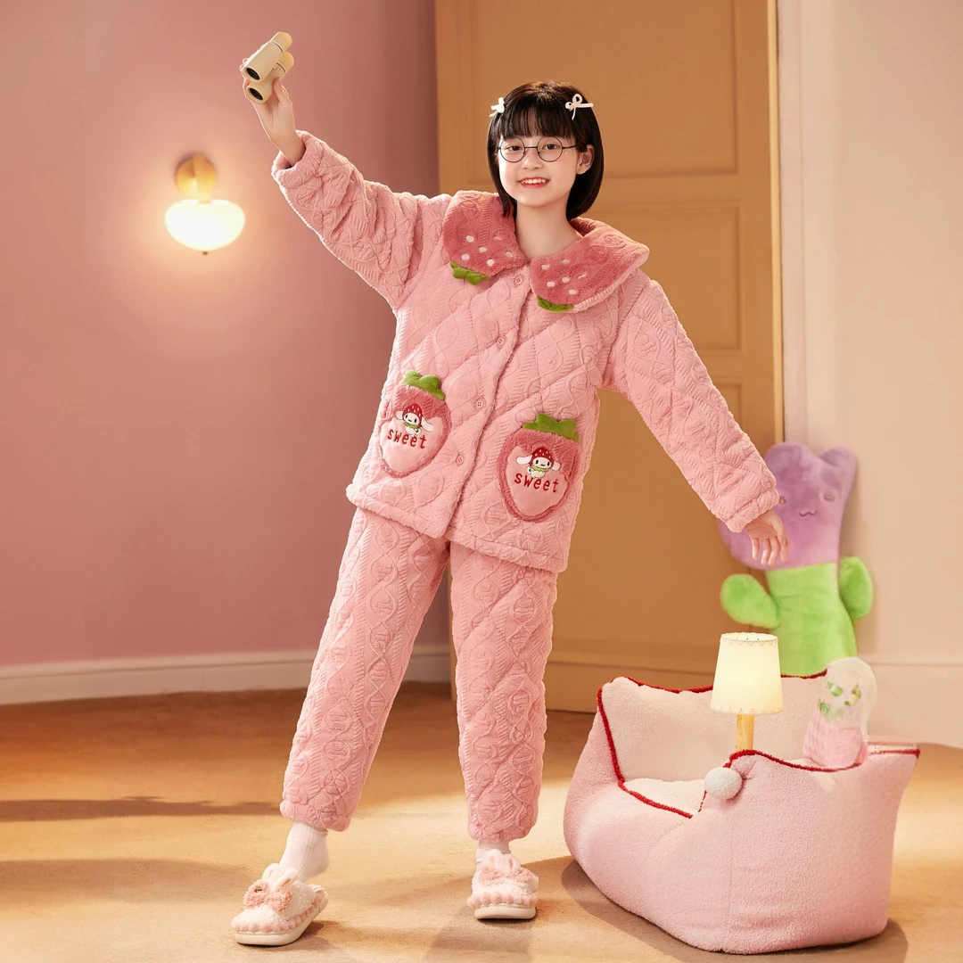 女童三层夹棉睡衣冬加厚珊瑚绒可外穿中大童法兰绒家居服套装3460