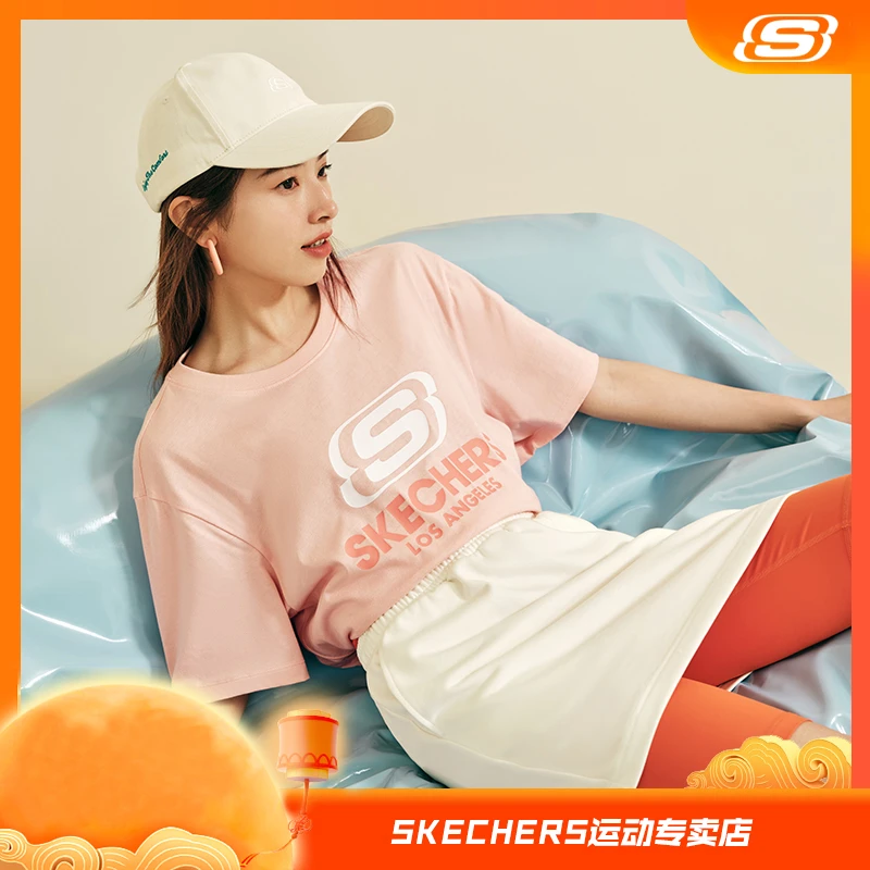 斯凯奇斯【桃子粉】甜美纯棉短款透气街头休闲潮流短T恤春夏半袖