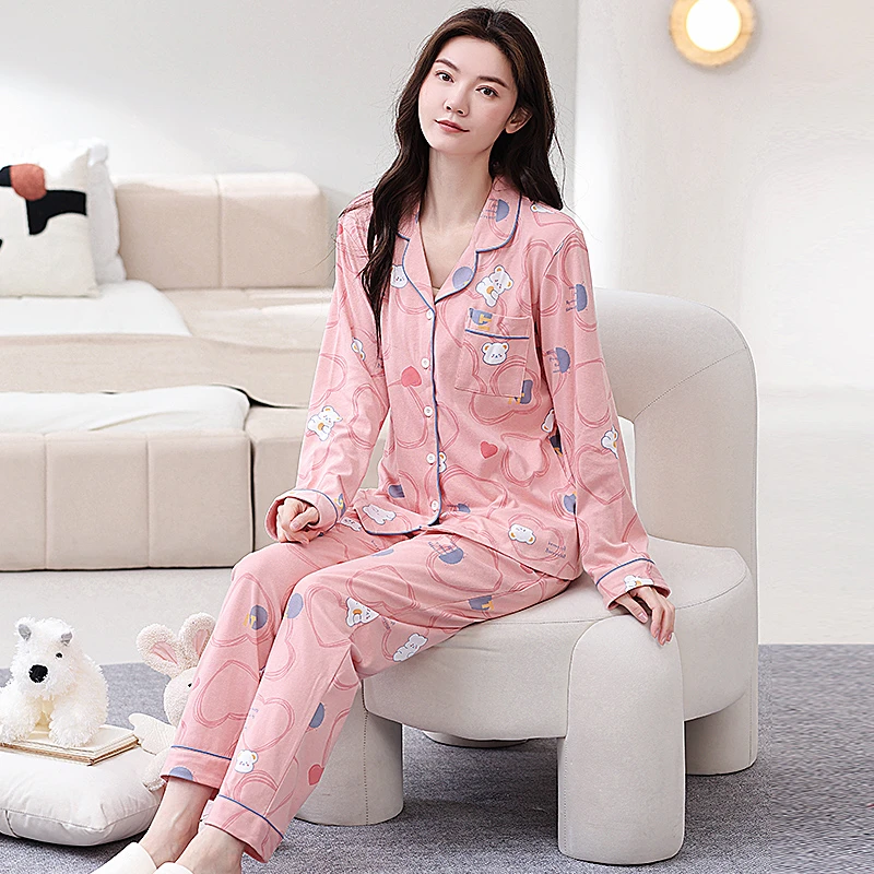 100%全棉加厚反领女士睡衣女秋冬季对襟长袖女套装青年简约家居服