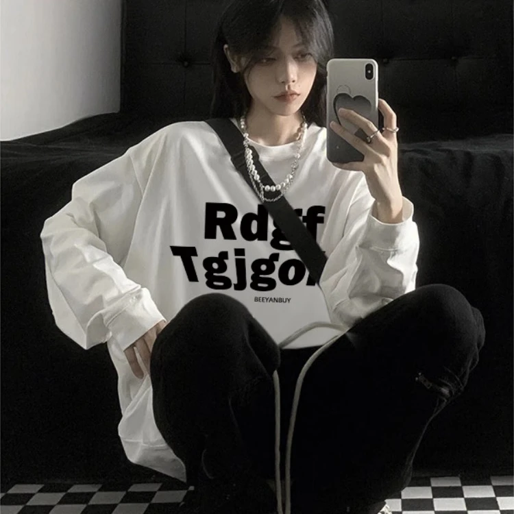 美式白色t恤女春秋单穿宽松纯棉早秋chic长袖上衣大码300斤打底衫